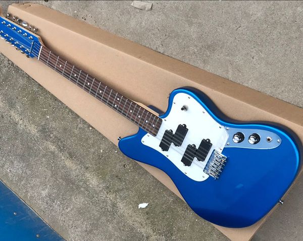 12-saitige E-Gitarre mit blauem Metallkorpus, Griffbrett aus Palisander, weißem Schlagbrett und Chrom-Hardware, kann individuell angepasst werden.