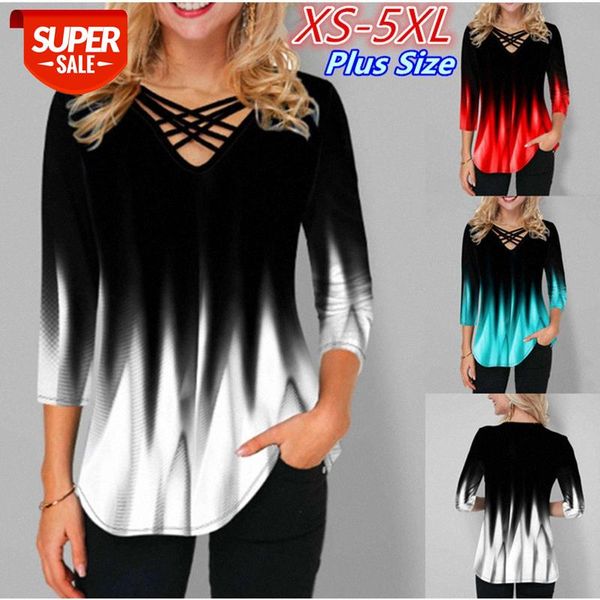 

[in stock]european and american women's gradient printing fashion casual middle-sleeved v-neck t-shirt #hl2i, White