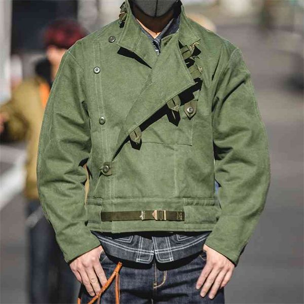 Maden Army Green Retro Jacket Misplaced Oblique Buckle Swedish Motorcycle Men's AMEKAJI Cotton Washed Water Men 210811