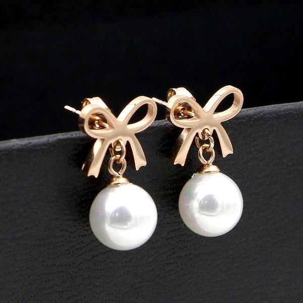 

e3-111 korean lovely bow hanging pearl rose gold earrings, Golden