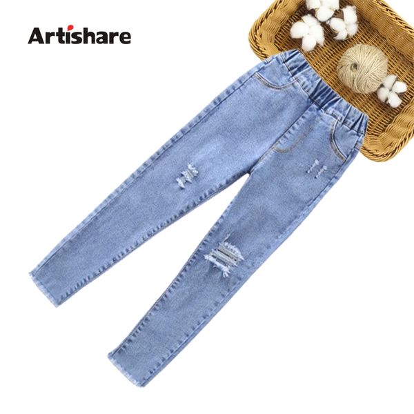 

girls jeans fashion hole for girl slim pencil pants kids with tassels autumn novelty 6 8 10 12 14 220222, Blue