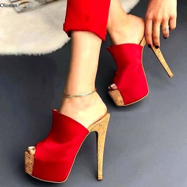 

sandals olomm 2021 handmade women platform satin cork stiletto heel peep toe gorgeous red pink blue party shoes size 35 47 52, Black