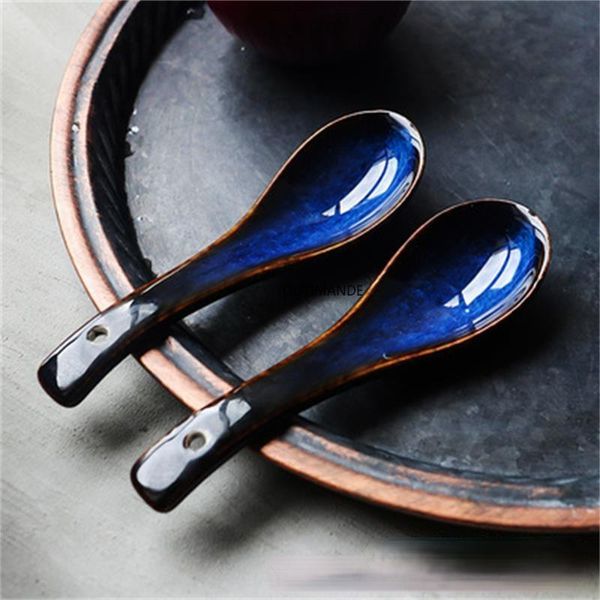 

japanese style blue kiln spoon rice soup glaze color dessert tableware spoons