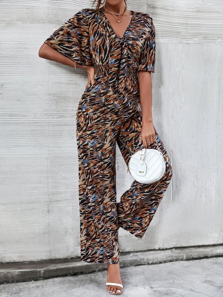 

zebra striped tie front shirred waist flutter sleeve jumpsuit g3s5#, White