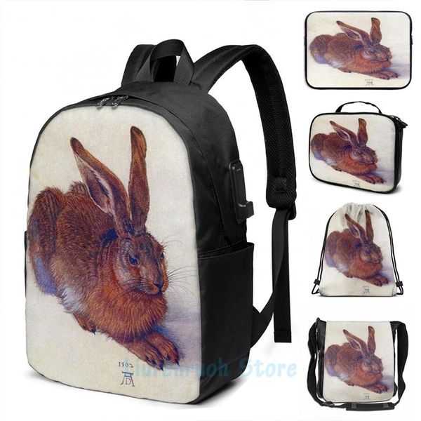 

backpack young hare by albrecht durer renaissance fine art usb charge men school bags women bag travel laptop