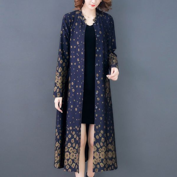 

2021 women autumn winter vintage print slim plus size cardigan long womens trench coat national style trench outerwear 11463, Red