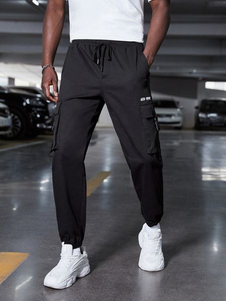 

men letter graphic flap pocket cargo pants z0jr#, Black