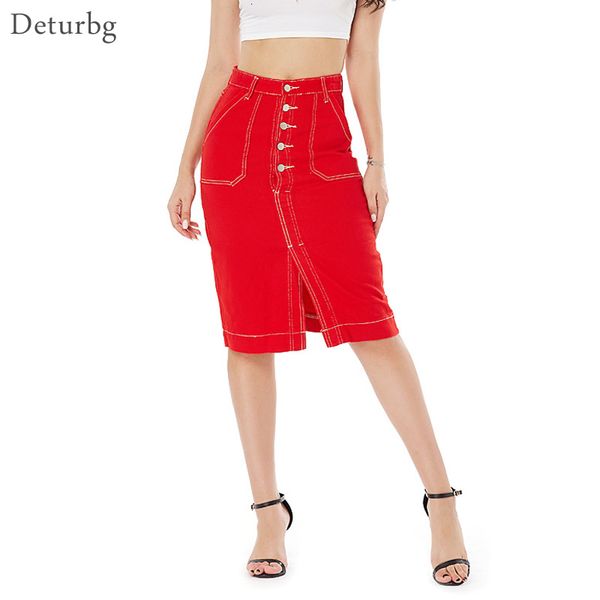 

casual dresses women's single-breasted denim skirt with pockets female high waist bodycon red jeans pencil skirts summer sk54, Black;gray