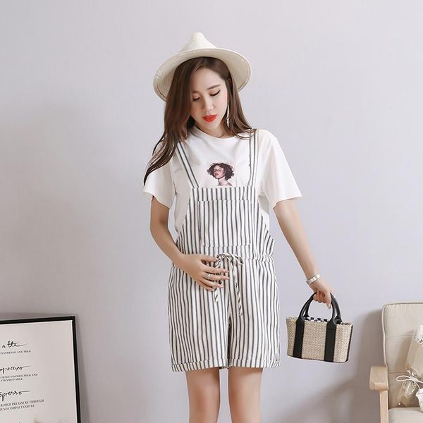 

maternity bottoms vertical stripes summer fashion short overalls loose drawstring jumpsuits for pregnant women pregnancy shorts, White