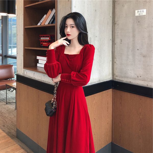

2021autumn and winter 2021 new gold velvet dress women french retro square collar waist office lady knee-length, Black;gray