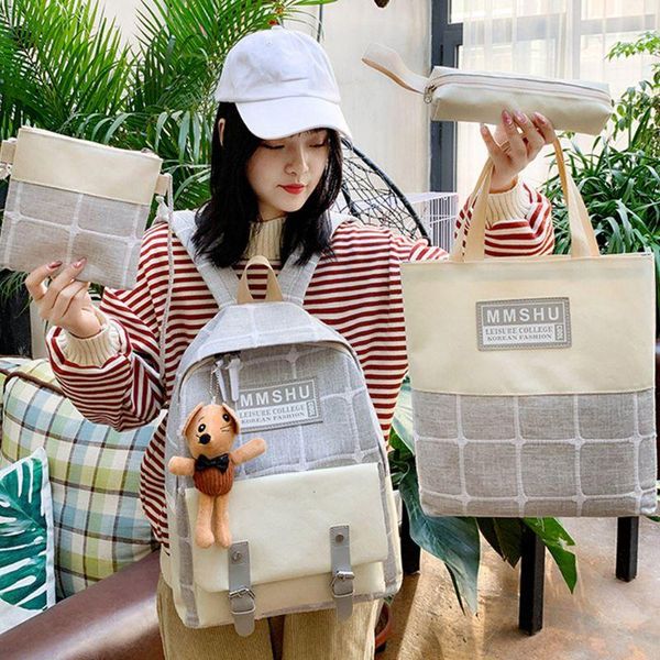 

4pcs canvas daypacks casual school backpack shoulder bags bookbag pencil case set for teenagers girls student