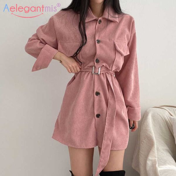 

aelegantmis corduroy dress women with belt elegant vintage casual dresses single breasted slim a line vestidos mujer korean chic 210607, Black;gray