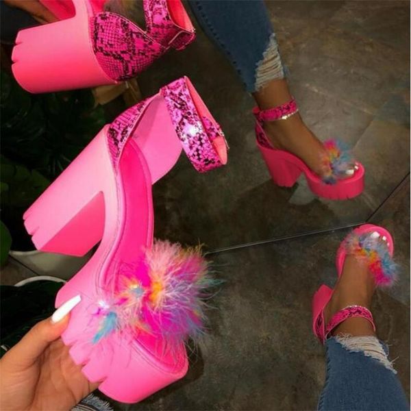 

spring/summer 2021 women fur rubber high heel platform outdoor leisure buckle slippers beach sandals ladies banquet, Black