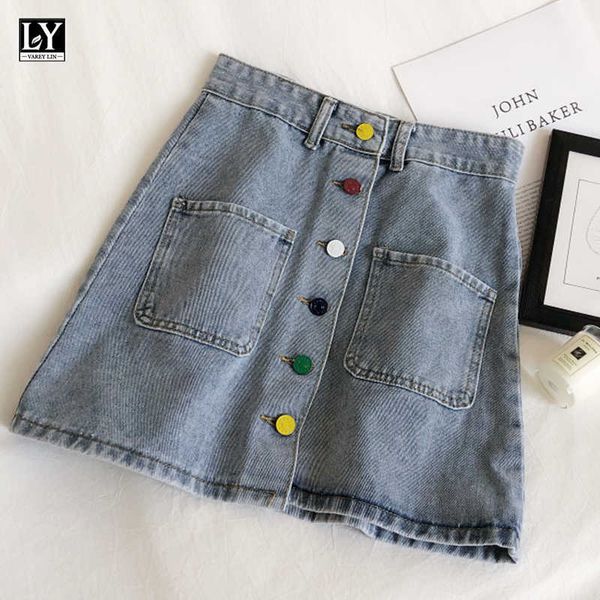 LY Varey Lin Yaz Kadın Tatlı Yüksek Bel Tek Göğüslü Mini Denim Etekler Casual Düğme Cep A-line Kadın 210526