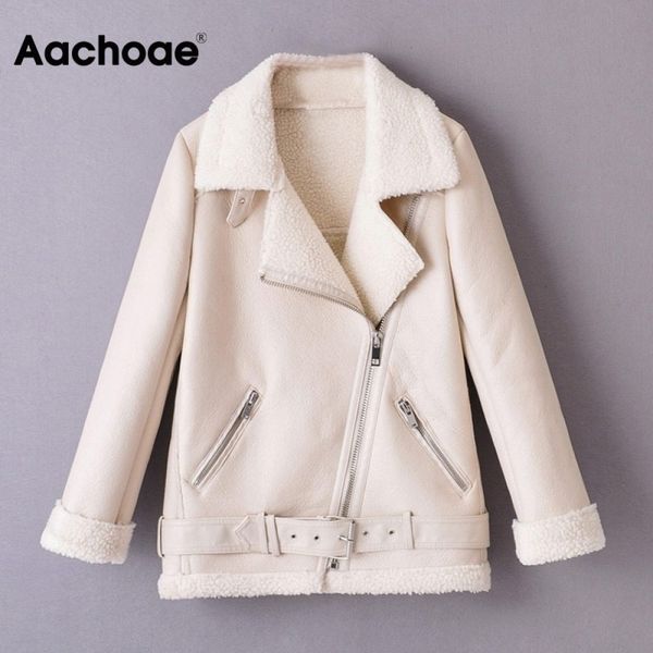 

aachoae women winter solid pu faux leather jacket with belt thick warm zipper long sleeve coat female streetwear padded jackets 210413, Black