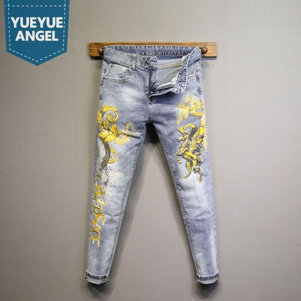 

spring jeans light blue luxury printing denim pants men slim pencil elasticity washed vintage mens button trousers men's