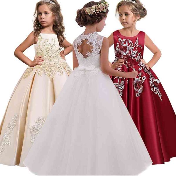 

new princess lace dress kids long flower embroidery dress for girls pageant children formal ball gown dresses wedding party 210329, Red;yellow