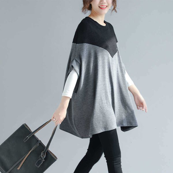 

knitwear autumn dresses casual winter fat mm color contrast stitching t-shirt cape women, Black;gray