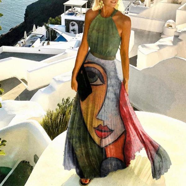 

casual dresses vintage print dres women boho abstract face party for halter sleeveless a-line summer long dress 2021, Black;gray