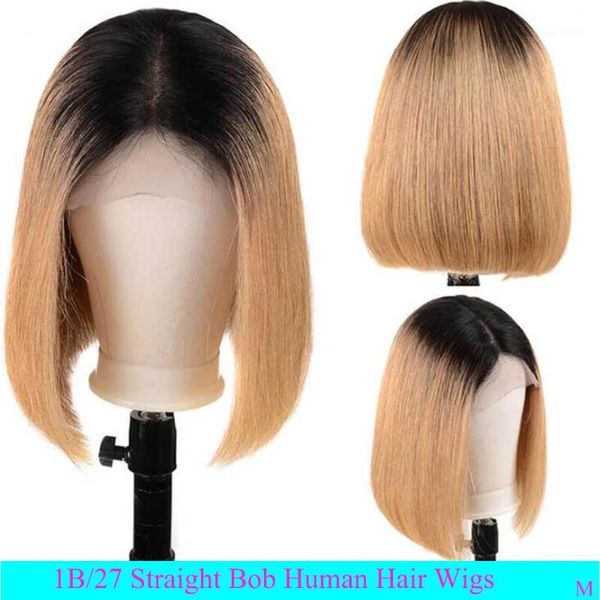 

1b/27 ombre color 13x4 straight lace front human hair wigs 150% remy bob short brazilian1, Black;brown