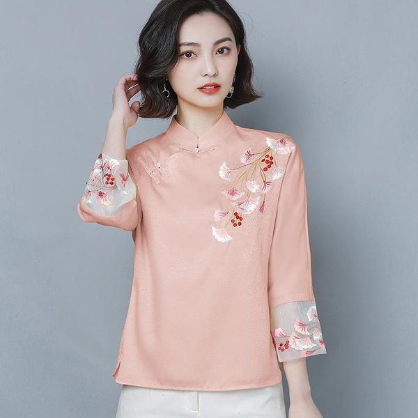 

chinese short cheongsam shirt traditional tang suit fashion hanfu qipao evening dresses embroidery linen chiffon ethnic clothing, Red