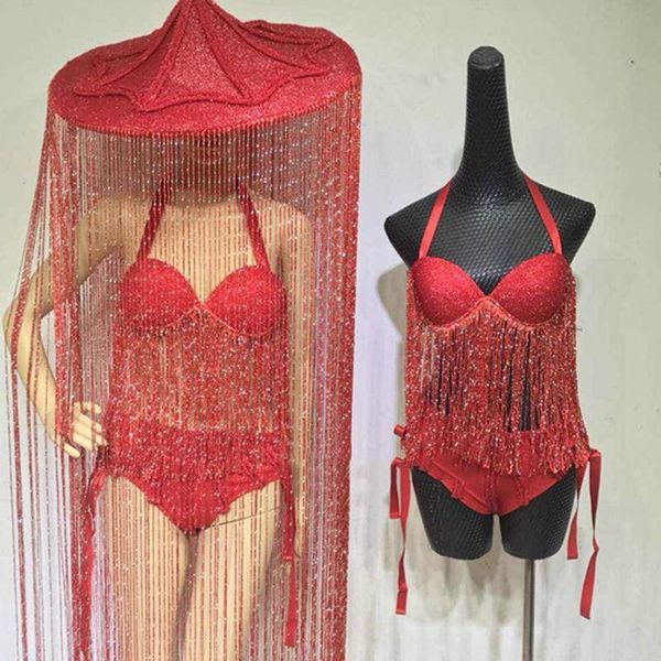 

stage wear shiny fringe bikini suit nightclub female singer dancer hoster performance clothing multicolor festival dwy6040, Black;red