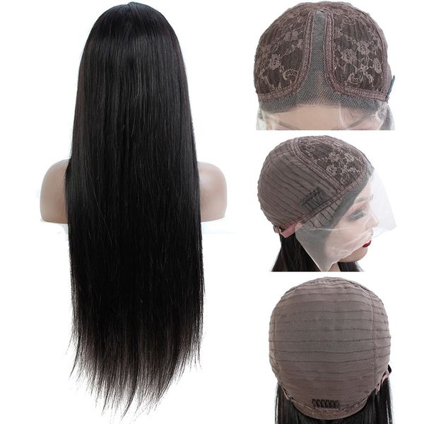 

brazilian lace straight 100% unprocessed 13*4*1 t middle part peruvian human hair wigs for black women, Black;brown