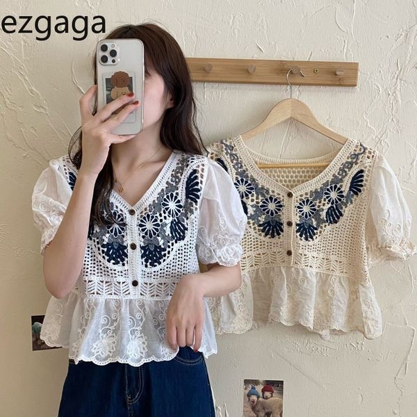 

ezgaga hook flower hollow out blouse women v-neck short sleeve chic shirts single-breasted summer slim sweet girl korean 210430, White
