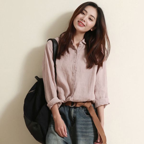 

women's blouses & shirts arrival spring autumn women long sleeve loose shirts all-matched casual cotton linen korean blouse, White