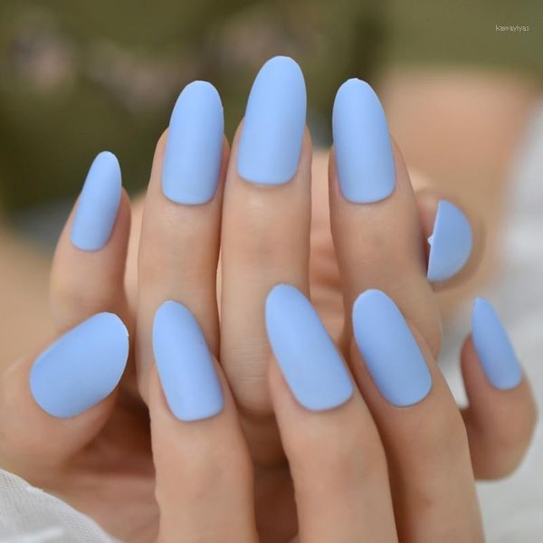 

24pcs oval fake nails matte blue frosted press on medium long false faux ongles full tips finger easy wear1, Red;gold