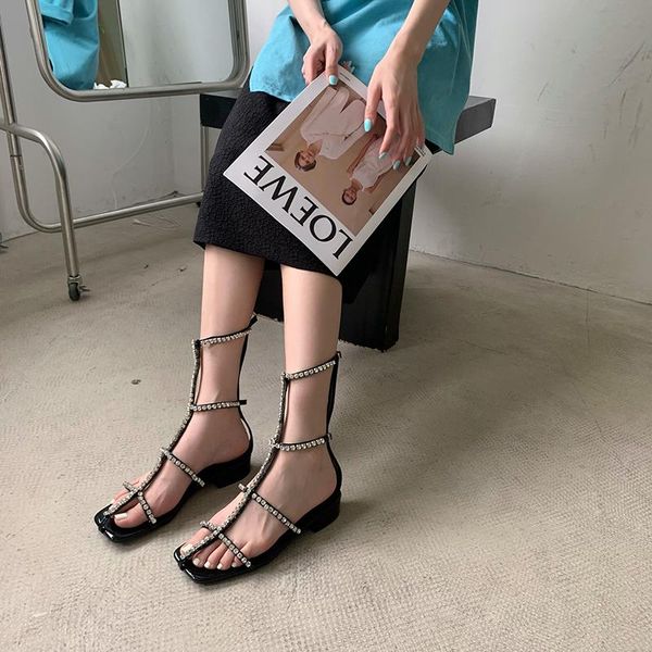 

boots rhinestone women ankle sandals short fashion ladies flats heeled hollow design pumps, Black