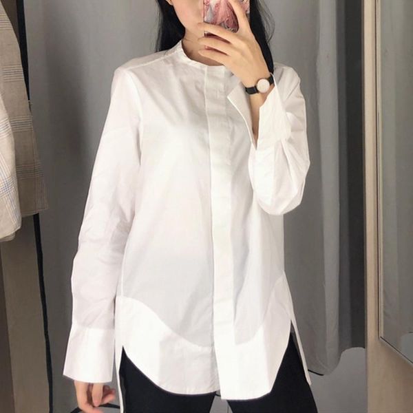 

women's blouses & shirts fashion ol blouse loose silhouette split long sleeve single-breasted lady office business irregular shirt and, White