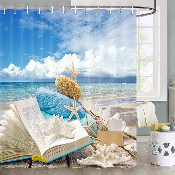 

shower curtains beach theme curtain seashell coastal conch sea wave rocks island ocean blue sky sets hooks include