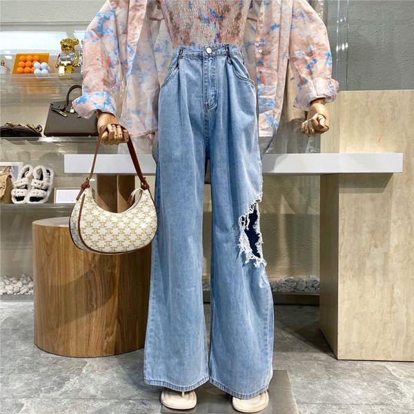 

women's pants & capris 2021 personality blast street hole burr edge jeans high waist show thin hanging sense loose wide-leg fashion dad, Black;white