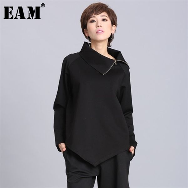 

[eam] new spring summer black asymmetric turtleneck collar full sleeve casual zipper women fashion tide loose oa882 210406, White