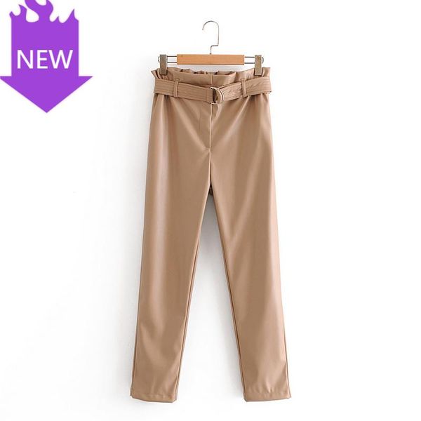 

fashion womens high waist elegant pocket streetwear winter faux leather pants lady warm pu trousers sashes women's & capris, Black;white