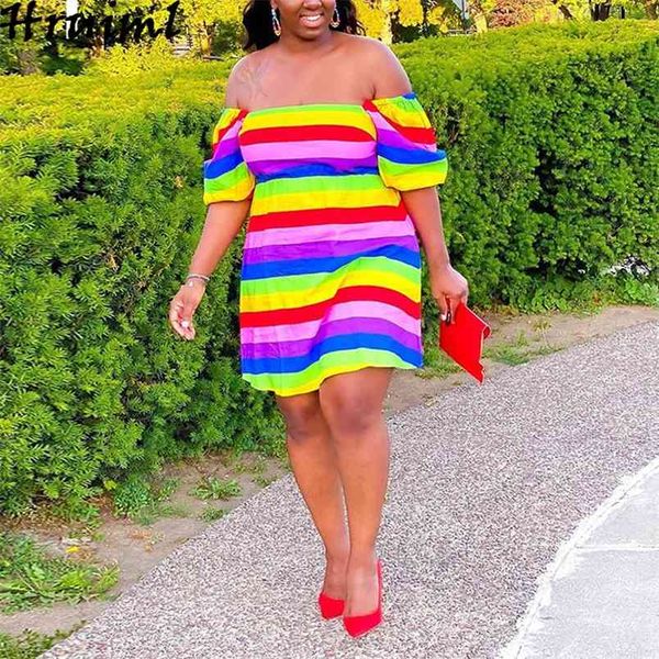 Moda Rainbow Stripe Imprimir Mulheres Vestido Verão Elegante Off Ombro Manga Curta Feminina Mini Sem Encontro Plus Size 210513