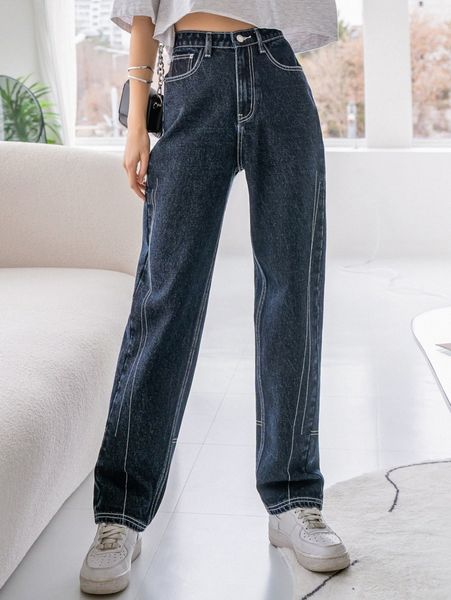 

dazy high waist stitching straight leg jeans h3w0#, Blue