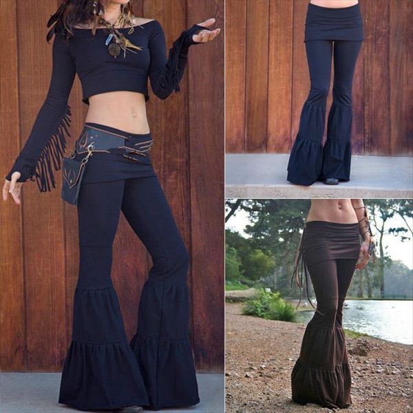 

flare bell bottom womens pant wide leg stretch high waist boho casual solid elastic flat trousers, Black;white