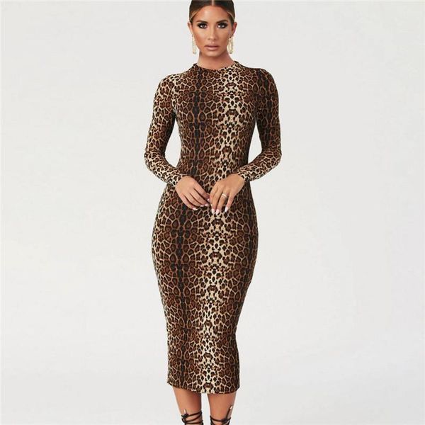 

casual dresses nice autumn winter party dress women bodycon midi leopard animal print long woman o-neck clothes, Black;gray