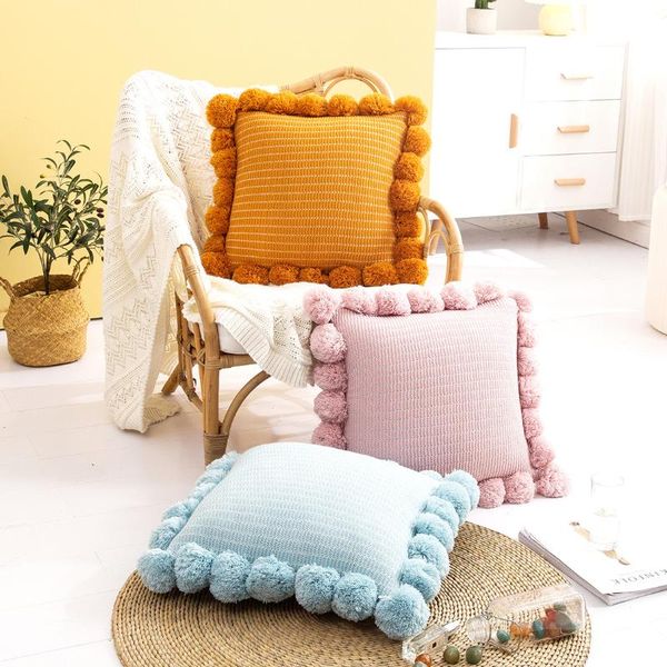 

cushion/decorative pillow nordic knitted throw case with ball cushion cover office waist home decoration sofa accessories solid color