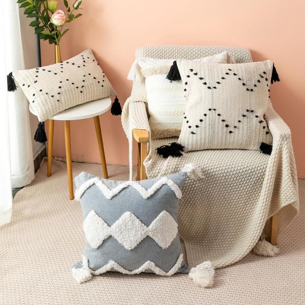 

white black cotton cushion cover with tassels handmade tufted throw pillow 45x45cm sofa bed home decoration almohadas t473 cushion/decorativ