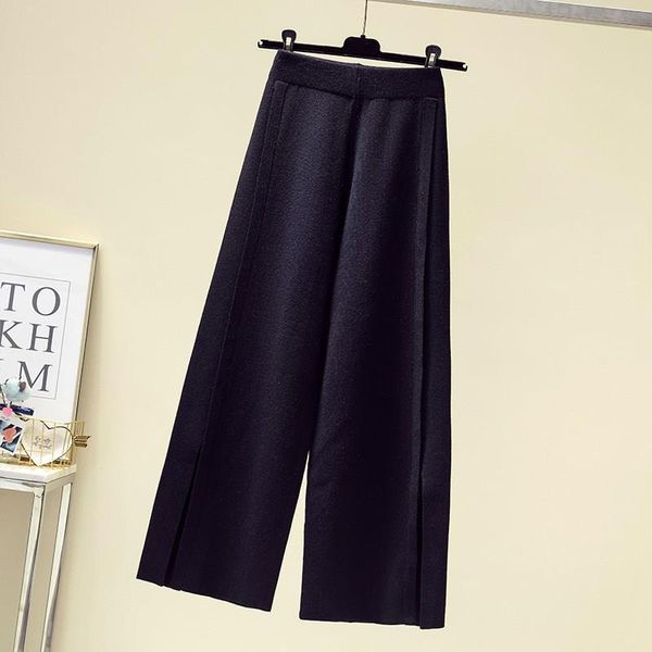 

women's pants & capris women autumn winter plus size warm knitted high casual solid loose elastic waist wide leg trousers, Black;white