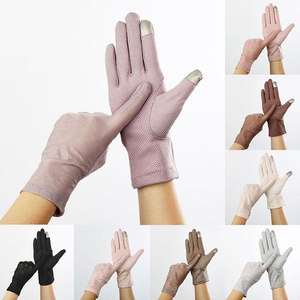 

five fingers gloves lace sunscreen summer anti-uv women breathable printing stretch thin touch screen no-slip resistant driving, Blue;gray