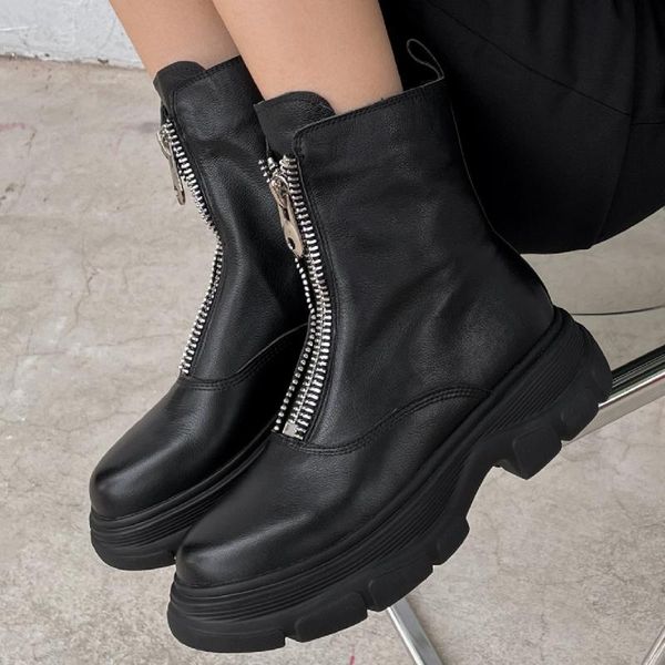 

boots women's genuine leather thick sole platform flats autumn ankle front zip female casual punk short motorcycle shoes, Black