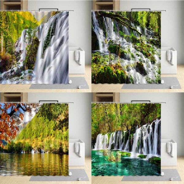 

shower curtains natural scenery waterfall green meadow flower landscape bathroom decor waterproof cloth curtain sets with hook