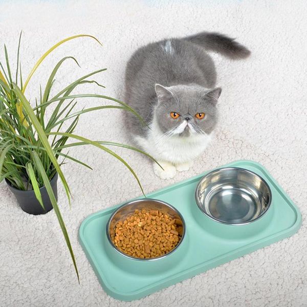 

cat bowls & feeders pet double bowl dog dining table non-slip stainless steel feeder 400ml