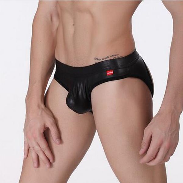 

men hollow open crotch u convex pouch briefs faux leather low waist g-string briefs gay wear fx12, Black;white