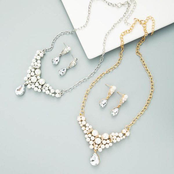 

earrings & necklace pearl and rhinestone set with short collarbone chain for women jewelry gift fashion elegant ornaments, Silver