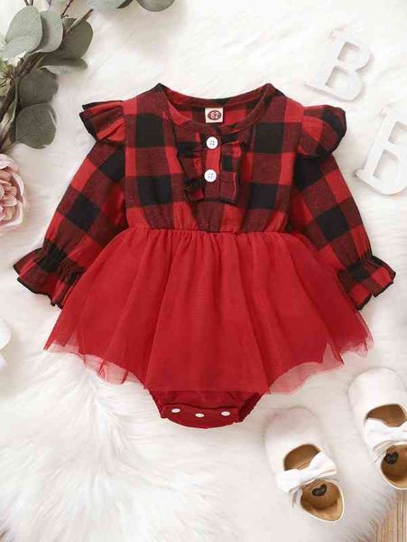 

baby buffalo plaid flounce sleeve ruffle trim mesh hem bodysuit she, Blue